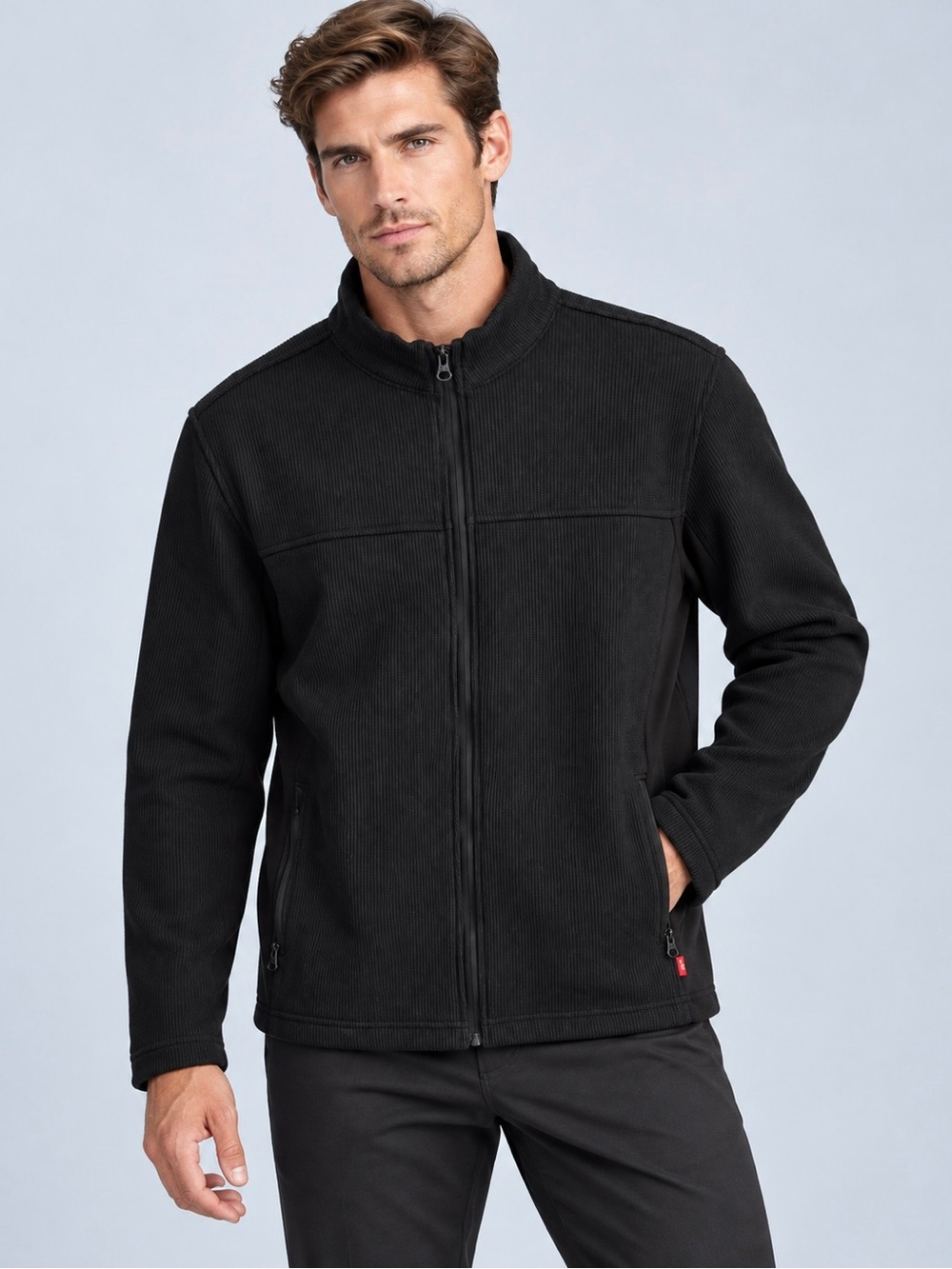 IZOD Men's Black Ribbed Knit Fleece Full Zip Performance Jacket Size Small
